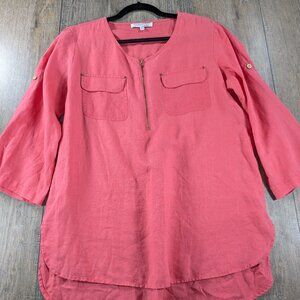 Ellen Tracy Tunic Top Womens Medium Pink 100% Linen 3/4 Sleeve 1/4 Zip Pockets